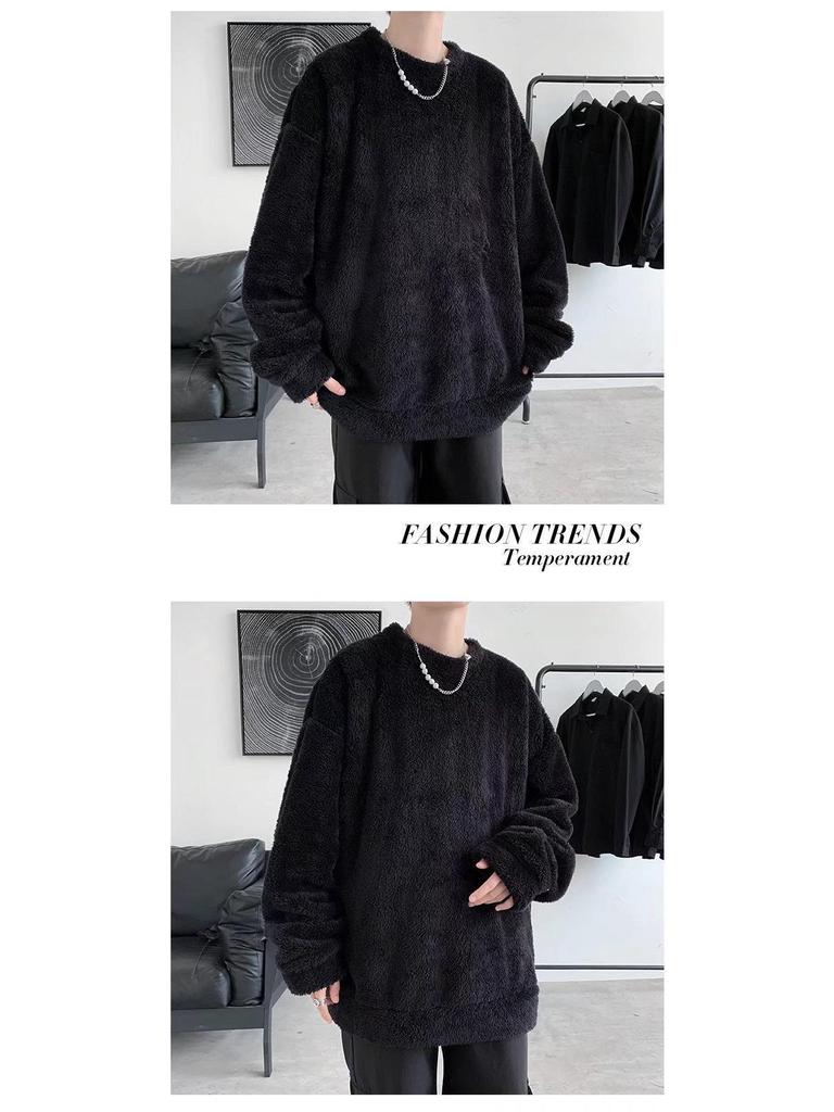 Hong Kong Style Men's Chic Lamb Wool Sweater: Trendy Loose Fit, Solid Color, Autumn/Winter, Plus Velvet Thick Jacket for Couples.