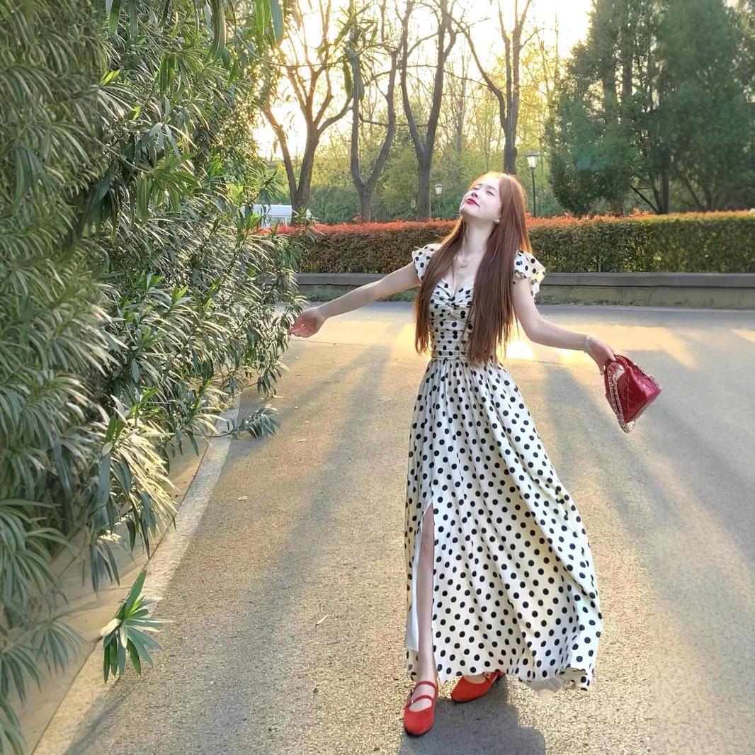 Women s High-End French Polka Dot Summer Dress – Flutter Sleeve A-Line with Cinched Waist Small белый
