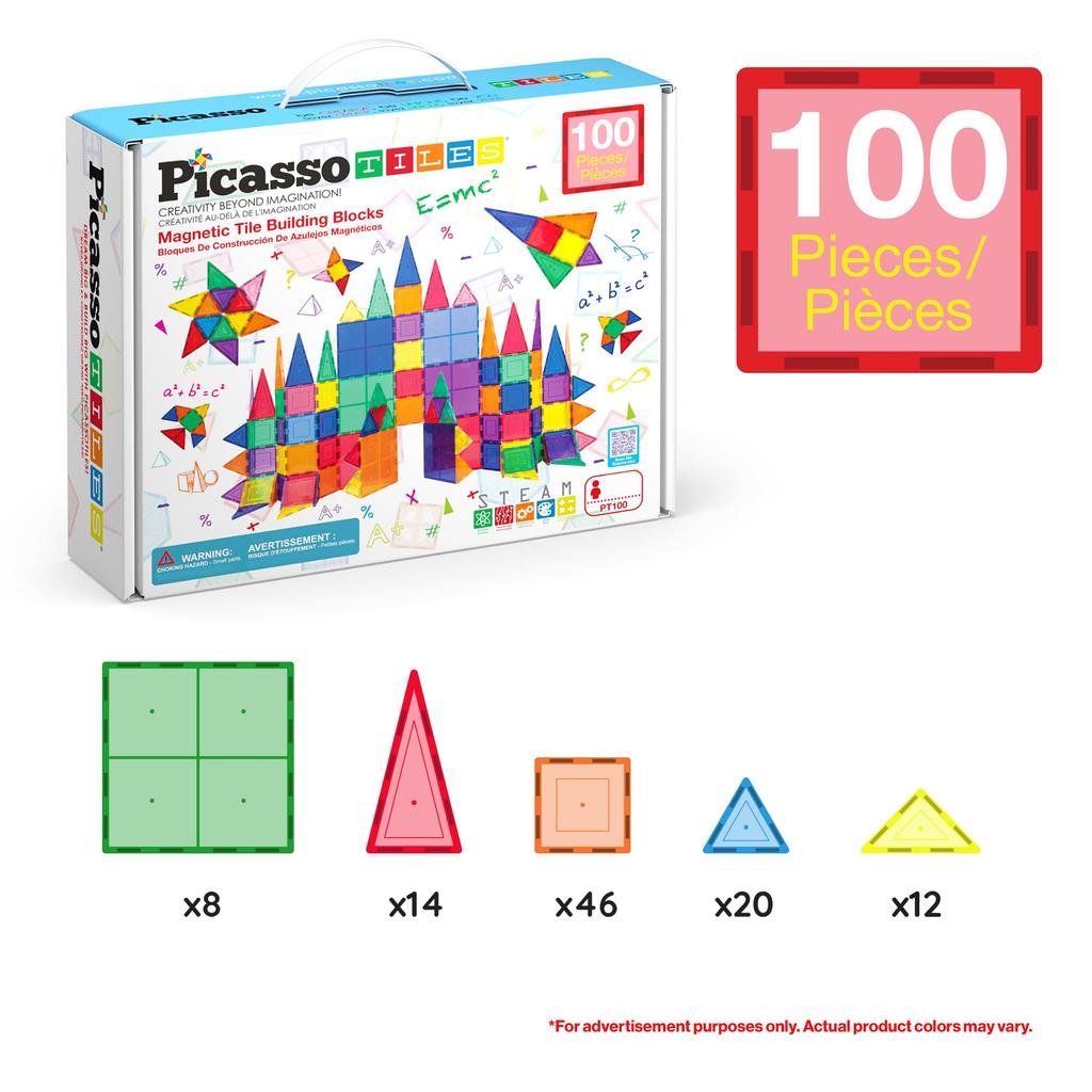 PicassoTiles 100 Piece Set 100pcs Magnet Building Tiles Clear Magnetic 3D Blocks Construction Playboards, Creativity Beyond Imagination, Inspirational