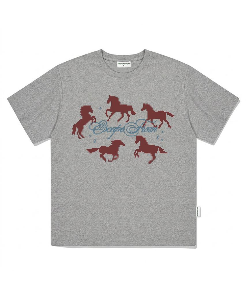 ESCAPEFROM Around Horse Print Oversized Short Sleeve T-Shirt White