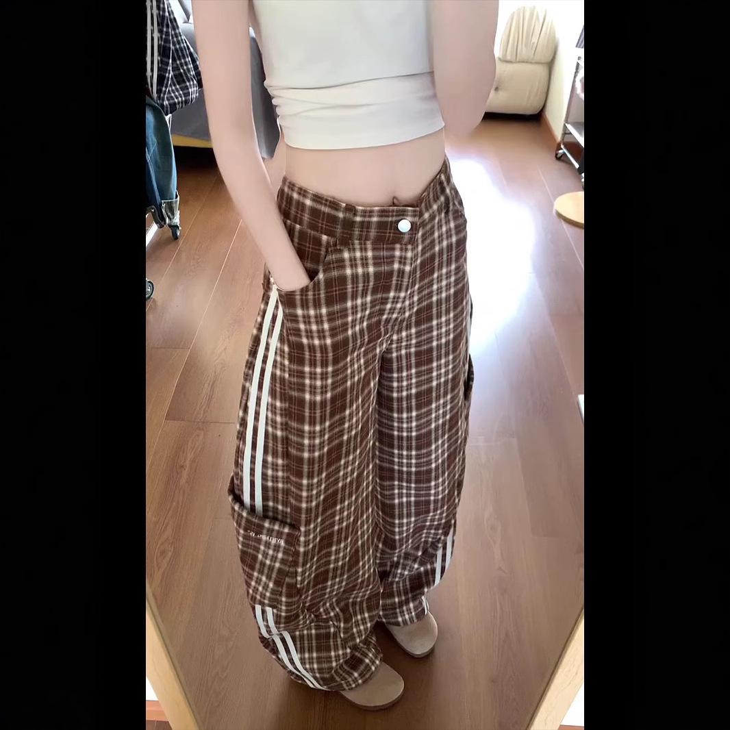 

Women s American Retro Striped Plaid Floor-Length Pants - Spring/Autumn, Loose Relaxed Fit 2X Large кавовий