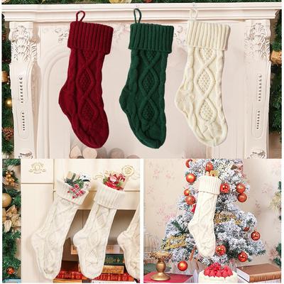 3PC Christmas Stockings Knitted Xmas Stockings 14.6 Inches Double-Sided Fireplace Hanging Stockings For Family Christmas Decoration