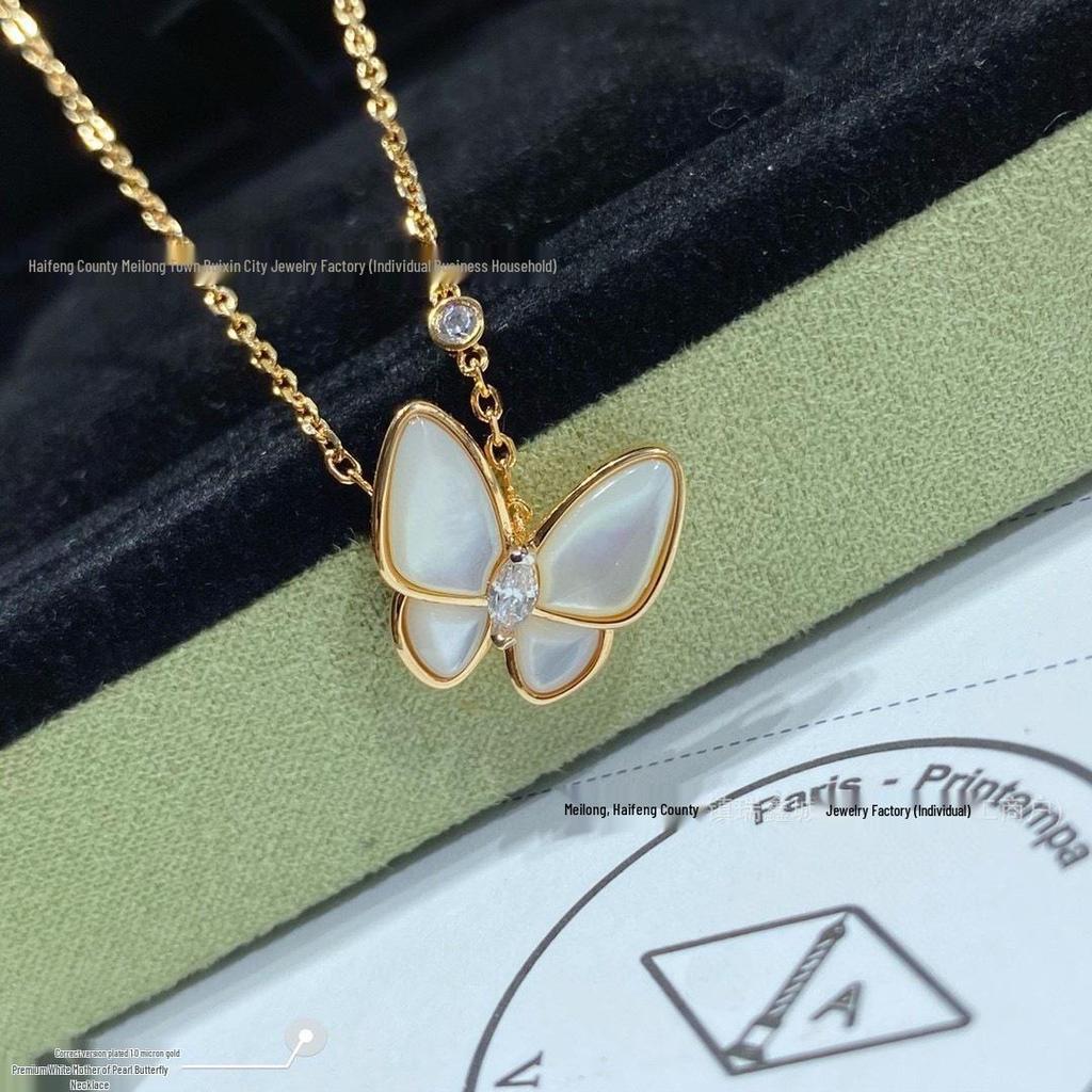 Elegant Butterfly Necklace: Full Diamond White Mother-of-Pearl, 18K Gold Plated, CNC Precision Turquoise Pendant for Women.