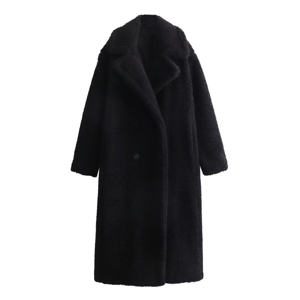Casaco Feminino Casual de Inverno Liso Casaco de Lã de Botão Duplo Corte Solto Casaco Longo Feminino Jaqueta Longa Vintage Oversized