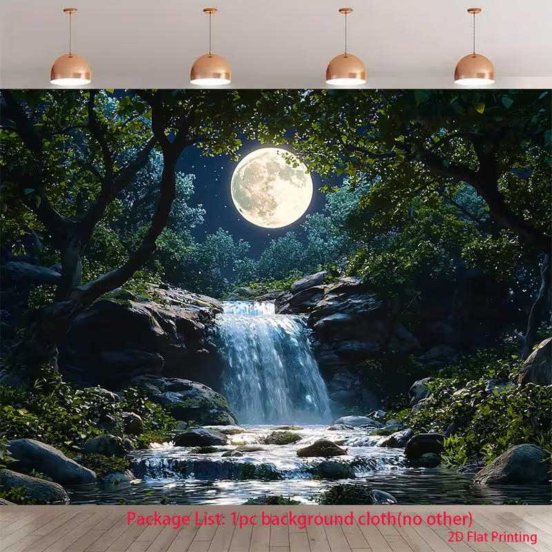 2D Moonlight Forest Waterfall Tapestry Night Nature Landscape Wall Art