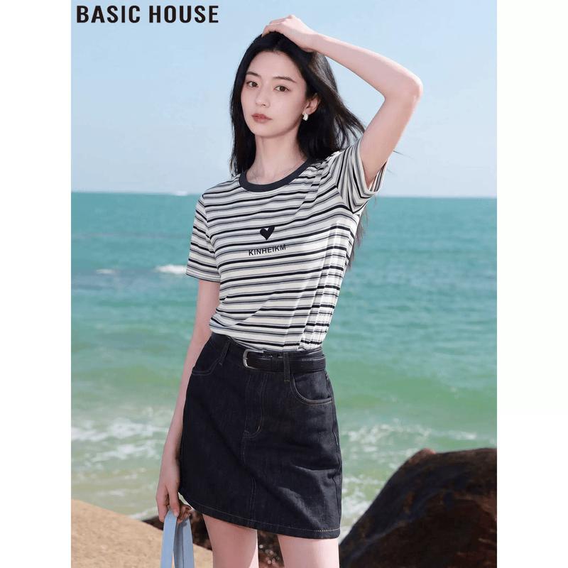 Basic House Women s Contrast Stripe Short Sleeve T-Shirt L