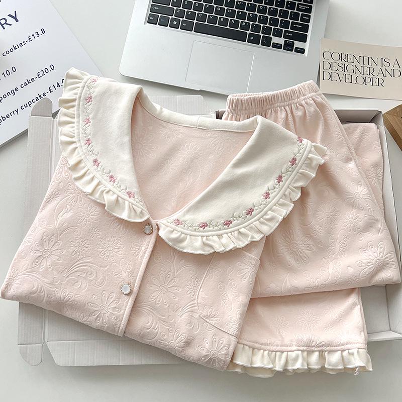 Women's Velvet Jacquard Pajama Set - Autumn/Winter Lapel Design