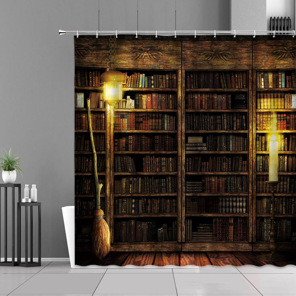 Library Old Wooden Booksheld Shower Curtain Magic Book Design Bath Curtain Study Room Temple Decoration Bathroom Decor Screens