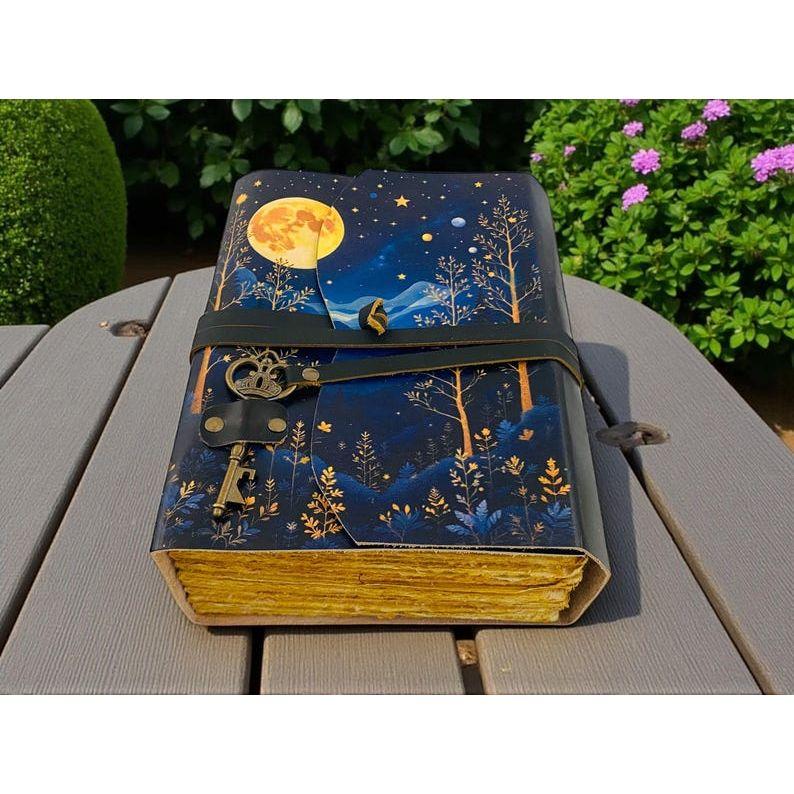 

Moon phase Forest Leather Journal with Key | Moonlit Witchy Grimoire | Deckle Paper Book of Shadows | Gift for Her/Him 7 x 5 in - 100 Sheet