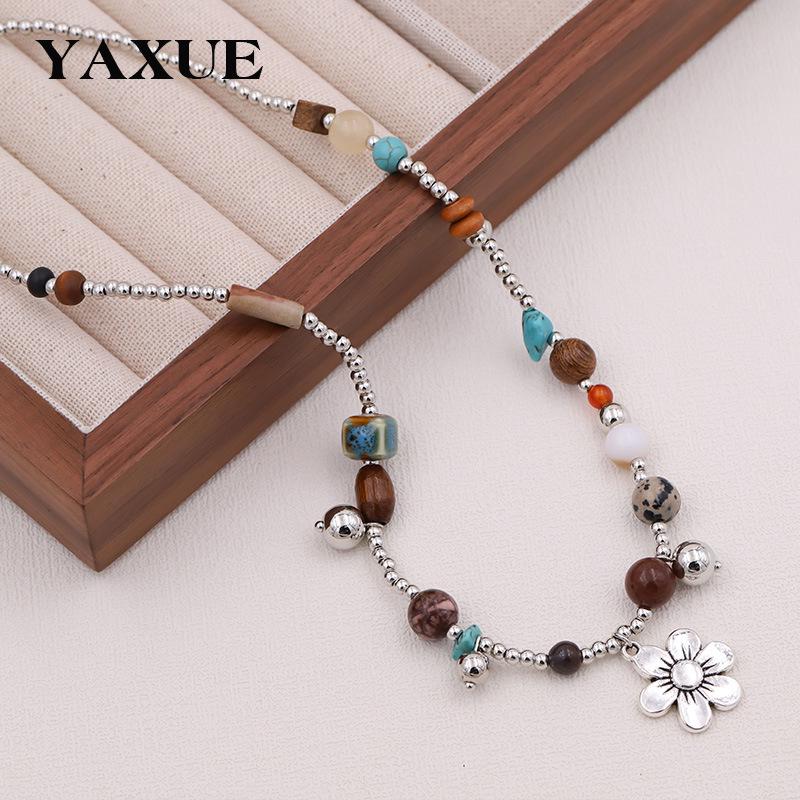 Vintage Beaded Natural Stone Necklace for Women - Ethnic Style Clavicle Chain Jewelry