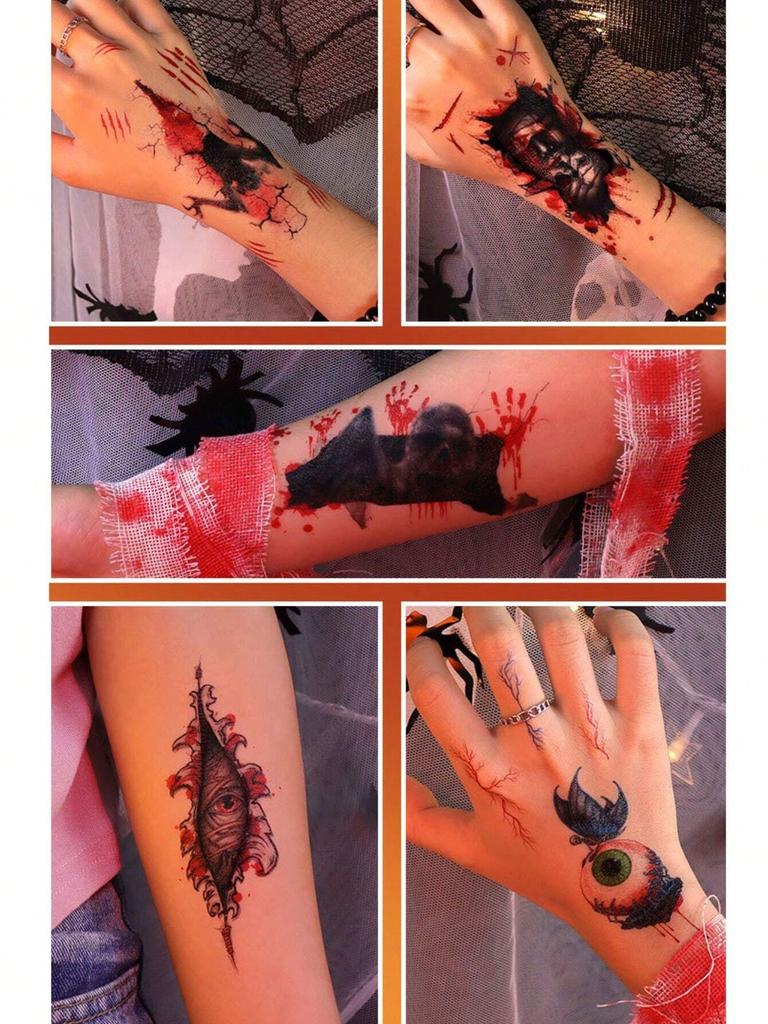 2/6pcs Hallween Horror Tattoo Sticker Realistic Fake Bloody Wound Stitch Scar Scab Masquerade Prank Makeup Props