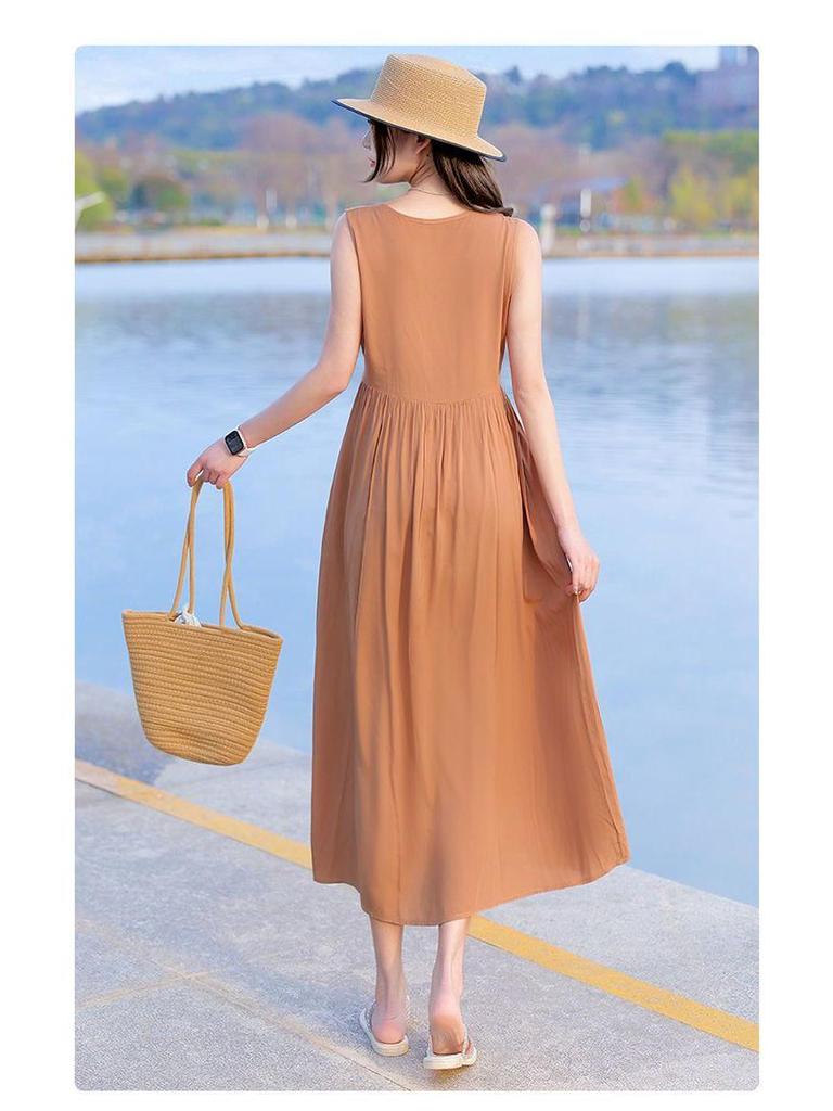 New Women's Summer Sleeveless French Silk-Cotton Beach Dress