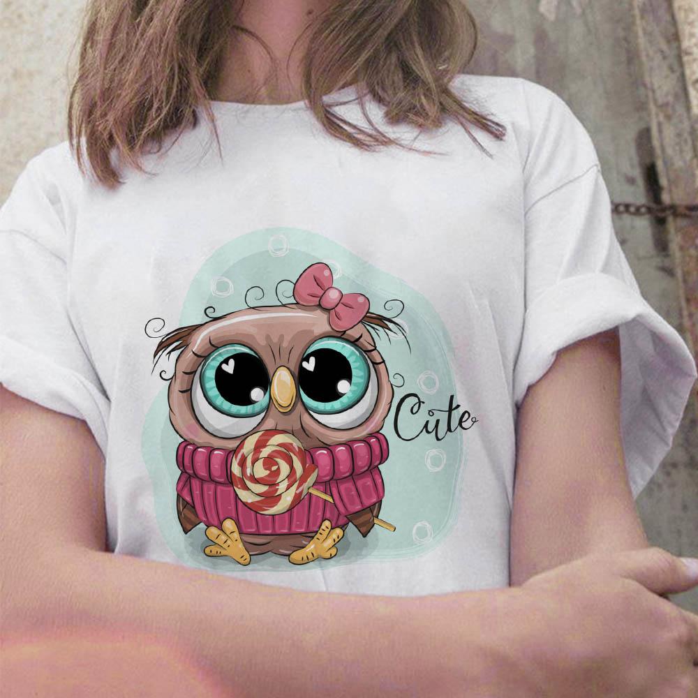 Summer 2025 New Tops Trend Cute Owl Print Ladies T-Shirt Casual Basics Round Neck White Short Sleeve Ladies Tshirt