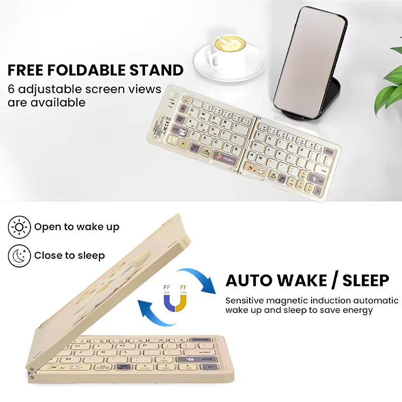 Three Bluetooth Wireless Folding Keyboard 67 Keys Cute Style Rechargeable Wireless Folding Keyboard for Windows/IOS/Android