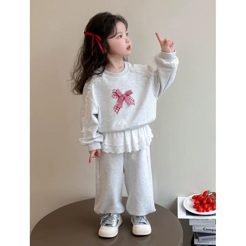 Girls' Spring/Fall Set with Bow Design: Lace Sweatshirt + Sweatpants Two-Piece Set