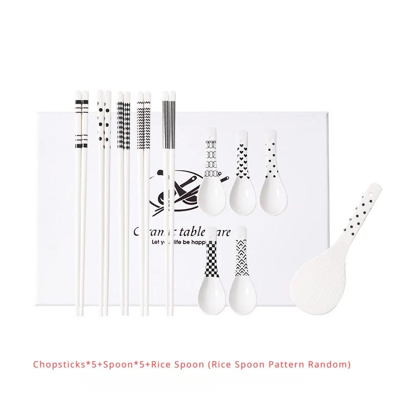 5 Paar Keramik-Essstäbchen & Löffel Set für Zuhause Küche Langer Griff Runder Kopf Suppenlöffel Rutschfeste Essstäbchen & Reislöffel Geschenkset