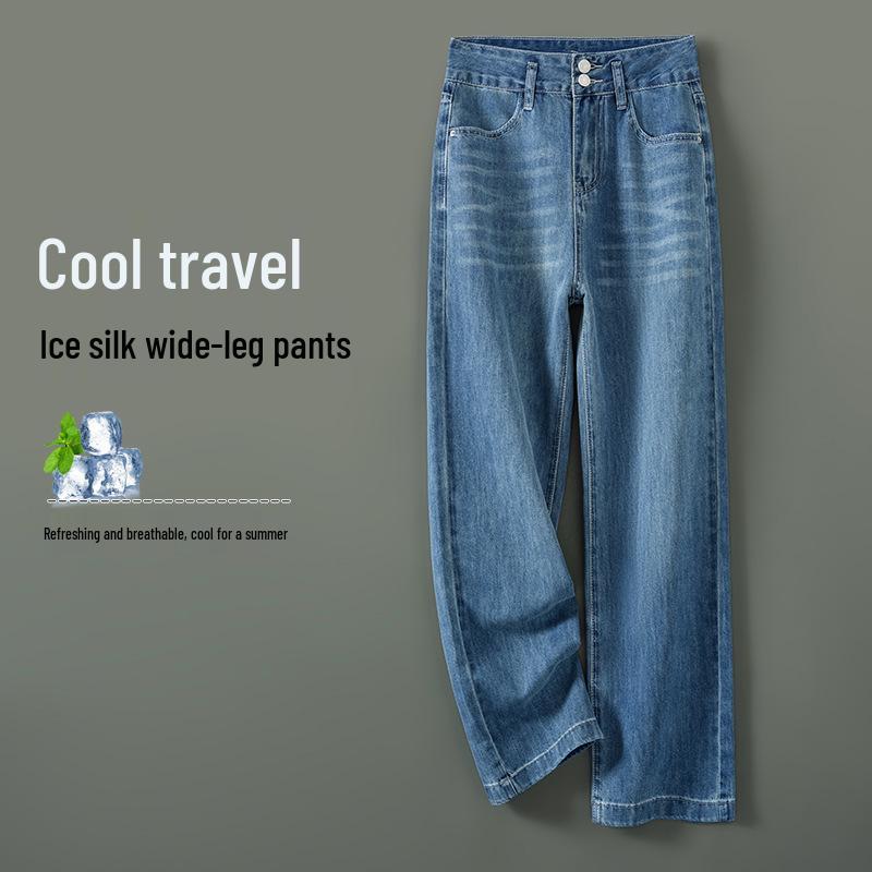 Damen Sommer Tencel Jeans - Schlankmachende Hohe Taille, Gerades Bein, Retro Lockerer Schnitt, Kühle Eisseide, Fließende Weitbein Hose.