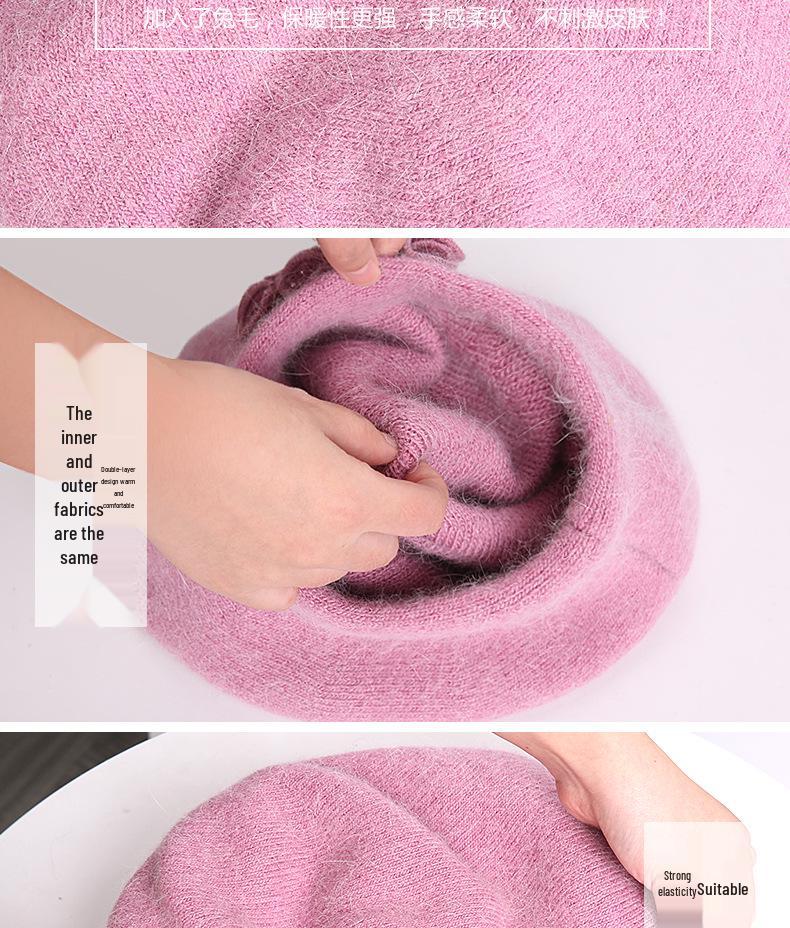 Women's Winter Fashion Knitted Wool Beret with Rabbit Fur - Cute Korean-Style Beanie