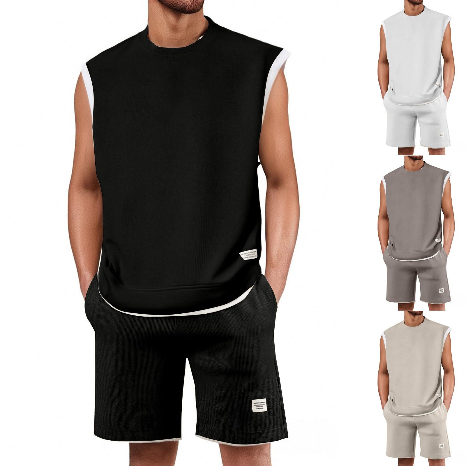 

Men S Solid Color Casual Round Neck Sleeveless Shorts Two-Piece Set L бежевий