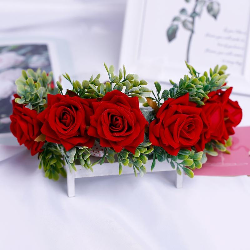 Adjustable Floral Garland Handmade Rose Flower Wreath Headband with Ribbon for Wedding Festival Travelling Photo Props