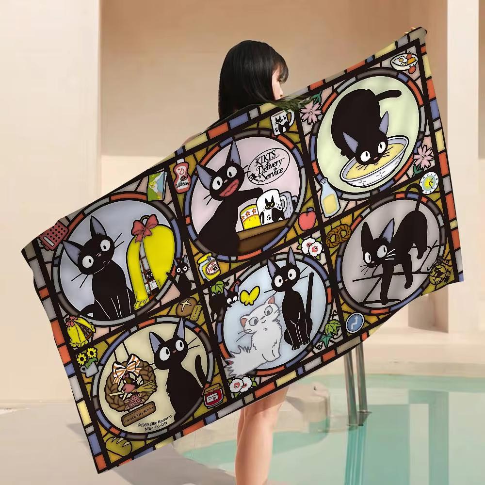 Kiki's Delivery Service Jiji Black Cat Print Beach Towel, Quick Dry Microfiber Absorbent Bath Towel,Anime Towels for Swim Beach
