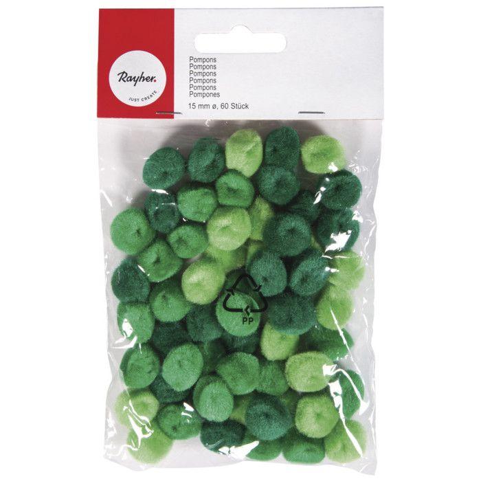 Pompons, 15 mm, 60 pces, vert assorti
