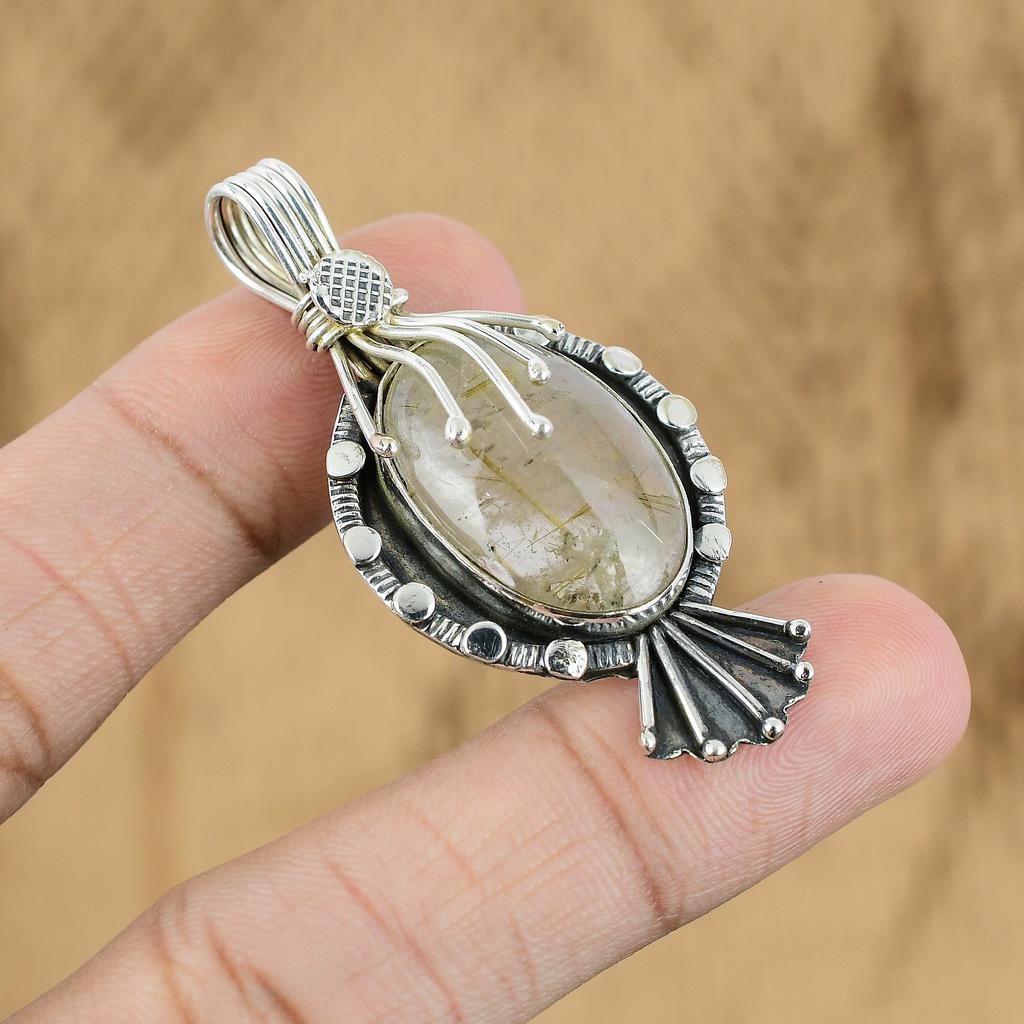 Natural Golden Rutile Gemstone Pendant 925 Sterling Silver Jewelry For Girls