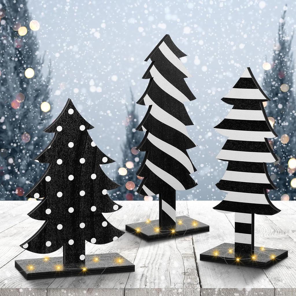 3 Pcs Wooden Christmas Tree Tabletop Decor, Black & White Freestanding Handmade Xmas Centerpiece for Home Party
