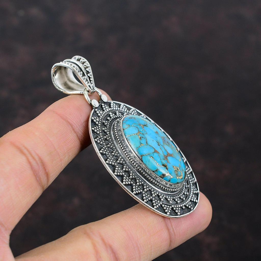 Copper Blue Turquoise Pendant Gemstone Silver Pendant 925 Sterling Silver Pendant Handmade Vintage Jewelry Unique Pendant Anniversary Gifts