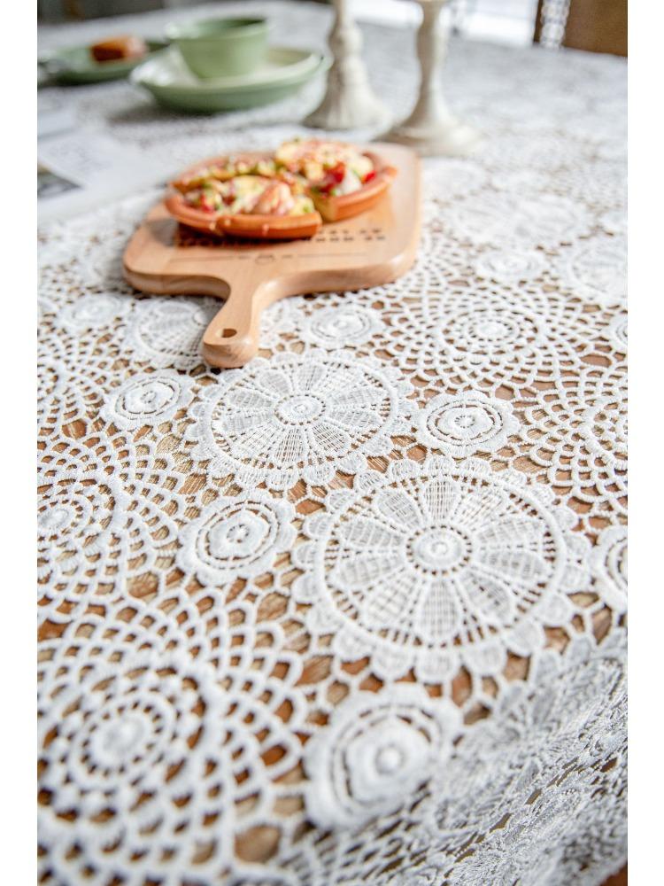 Vintage Romantische Tischdecke, Weiße Wasserlösliche Gestickte Spitze, Rechteckige Polyestermischung, Maschinengestrickt, für Zuhause, B&B, Picknick, Camping, Hochzeit