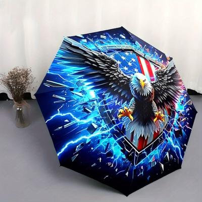 Automatic Open/Close Umbrella with Bald Eagle Shield Design - Patriotic American Flag Colors (Blue, Red, White) - Compact Fold