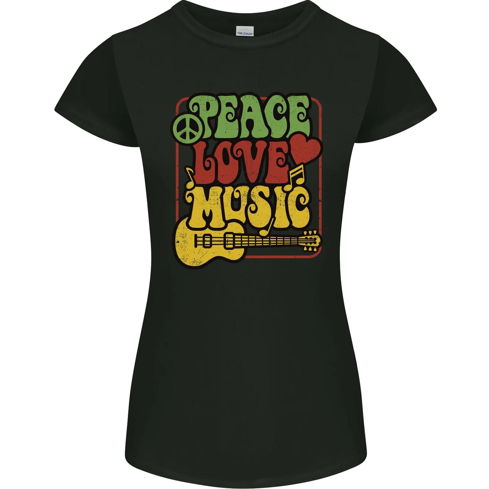 

Peace Love Music Guitar Hippy Flower Power Womens Petite Cut T-Shirt L