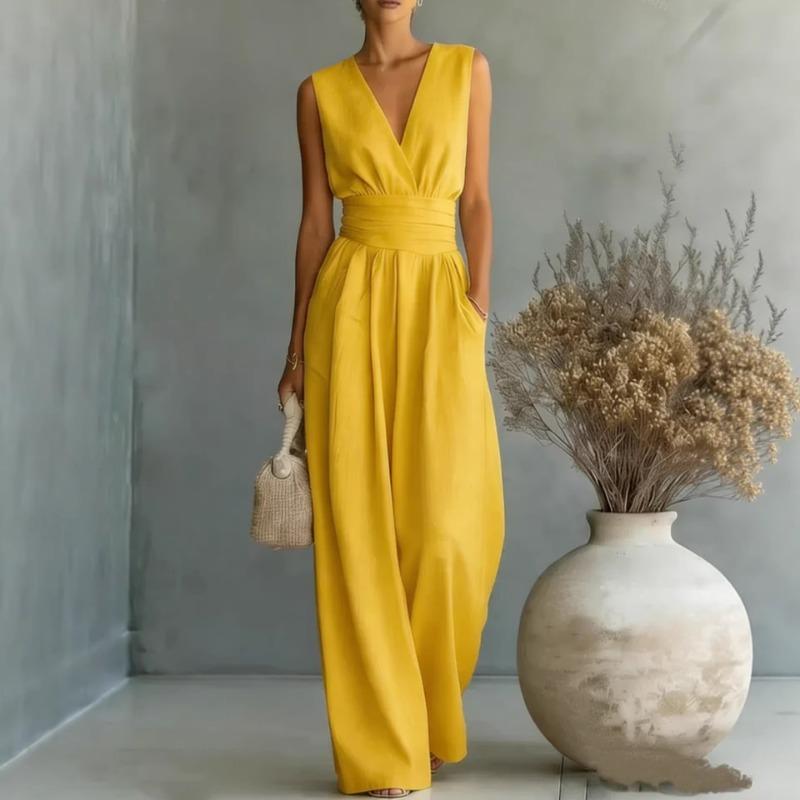 Tuta da donna azzurro chiaro senza maniche con scollo a V, vita alta, gamba larga, con tasche