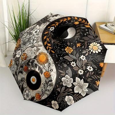 Floral Yin Yang Design Themed Automatic Opening and Closing Fashion Umbrella, Portable Tri Fold Small Umbrella for Men and Women,Gift0725048z