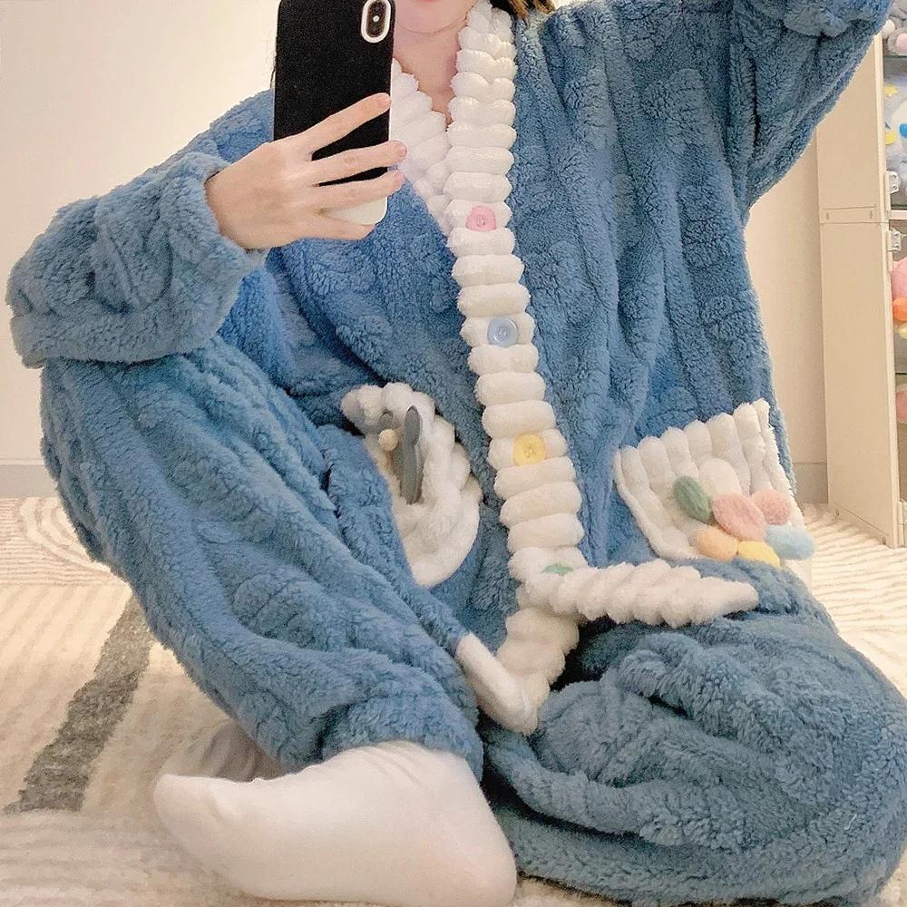 

Женские теплые пижамные комплекты зимние толстые зимние пижамы из кораллового флиса фланелевые пижамы больших размеров ночная одежда домашняя одежда 5XL