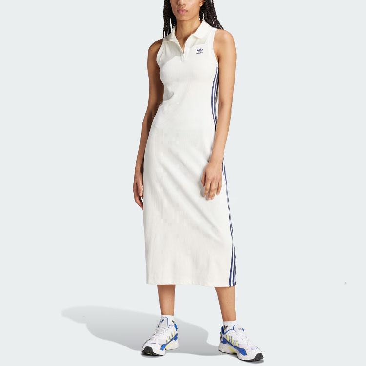 Adidas Originals Rib Dress Logo Striped High-Waist Long Sleeveless Dress Women Dress White IT9860