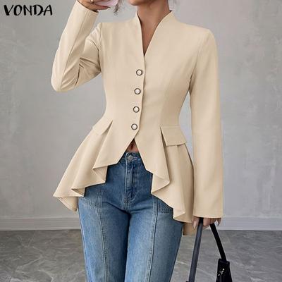 Women Spring Autumn V Neck Long Sleeve Buttons Irregular Ruffled Casual Blouse Peplum Tops