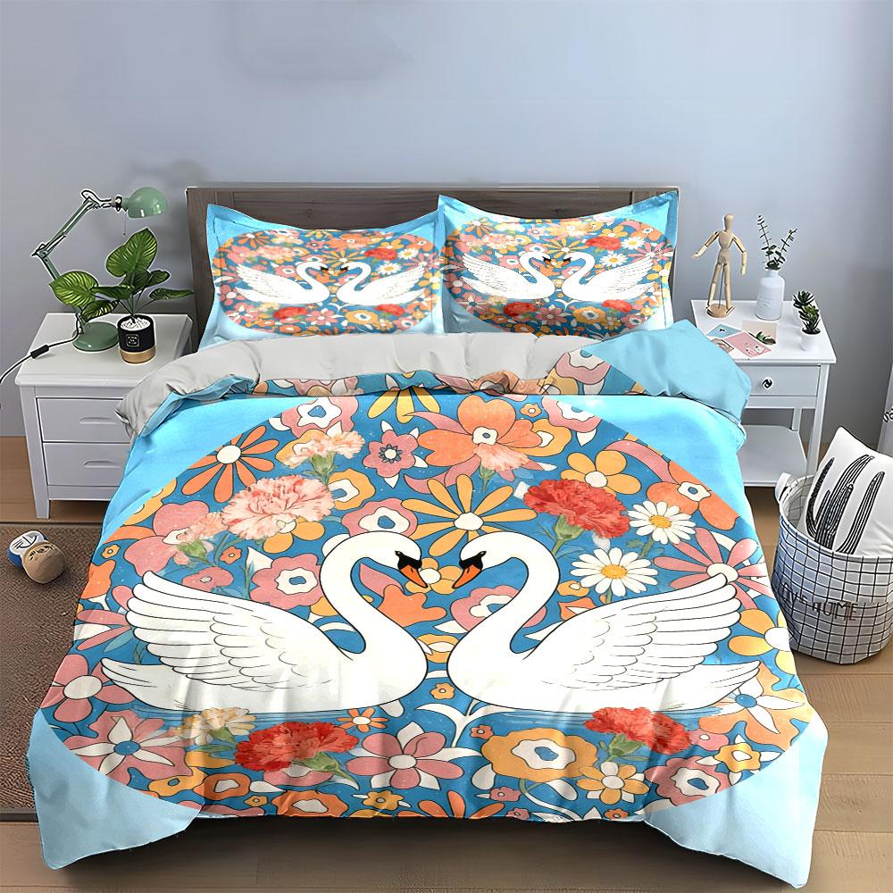 Romantic Swan Floral Decor Set Soft Comfortable Duvet Cover Bedding Set Included 1*Duvet Cover & 2*Pillowcases, Gift