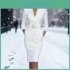 Work Professional Dress Womens Business Long Sleeve Church Teacher Pencil Sheath Dress V Neck Midi Bodycon Suit Dress With Belt