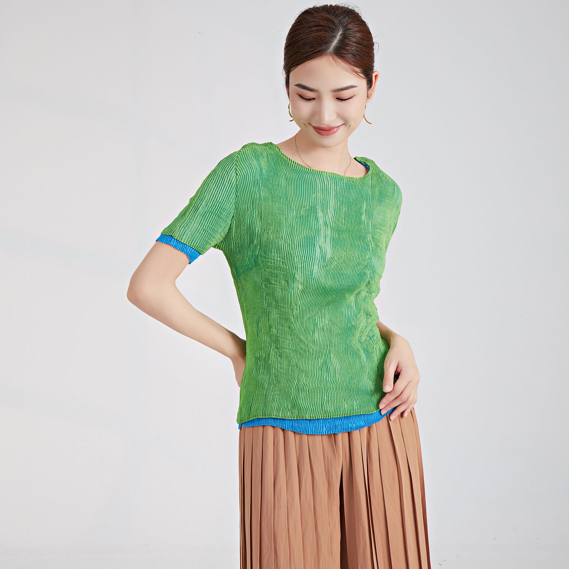 

Nanyou Premium Women s Double-Layer Pleated Slimming T-Shirt - Trendy Summer Short-Sleeve Design One Size трава зеленый