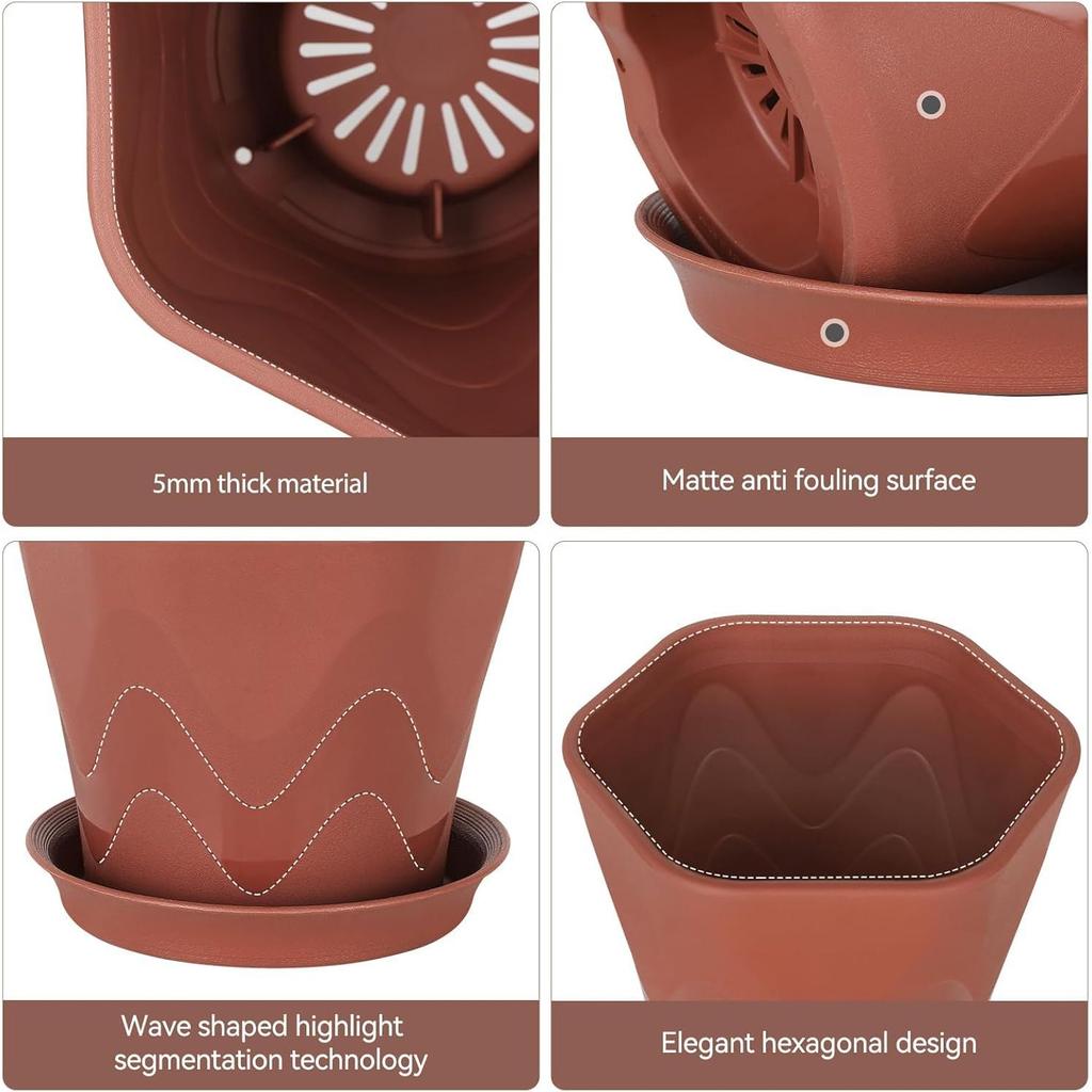 5.7Inch Plastic Flower Pots for Indoor Outdoor Planters with Drainage Tray Hexagon Design,Breathable Bottom,Lightweight for Balcony,Garden,Home