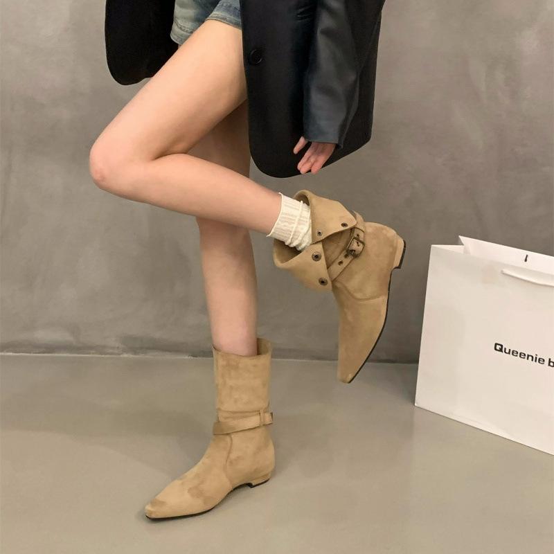 Coarse Heel Vintage Suede Western Cowboy Khaki Boots Women's Boots 2025 Spring and Autumn Single Boots Square Martin Boots
