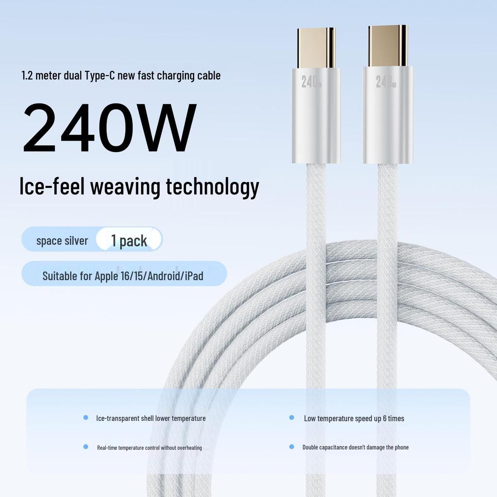 240W opletený datový kabel typu C, duální, se pozlacenými konektory, kompatibilní s Apple 8-17 a Android.