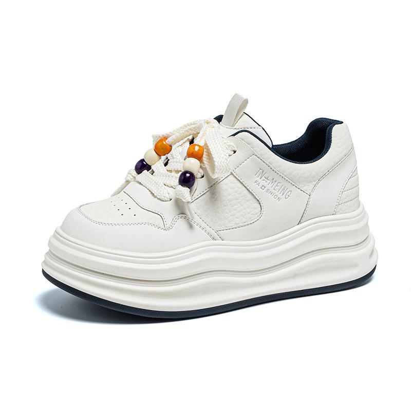 Women's 7cm Thick Sole White Lace-Up Sneakers - Height-Boosting Platform Athletic Shoes