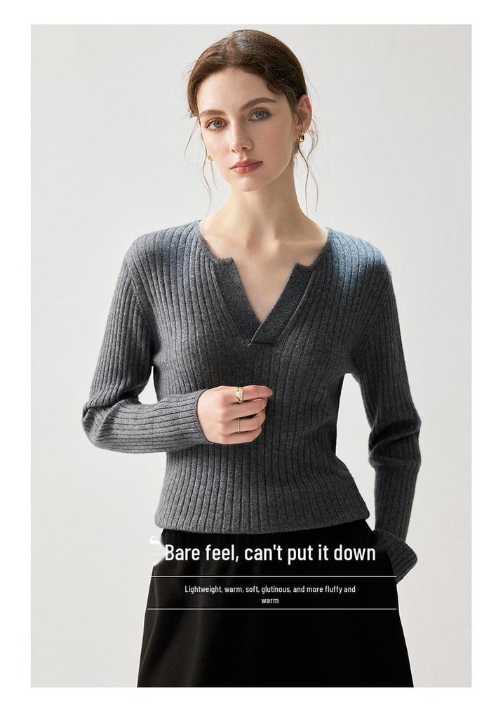 Ribbed Cashmere V-Neck Sweater - Women's Elegant Slimming Pullover for Autumn 2026