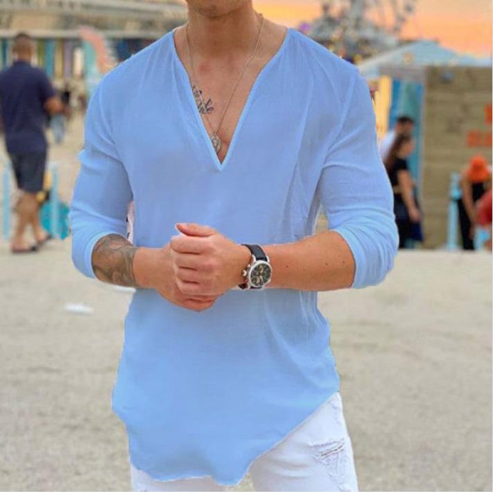 2025 European & American Men's V-neck Casual Solid T-shirt Fashion Trend