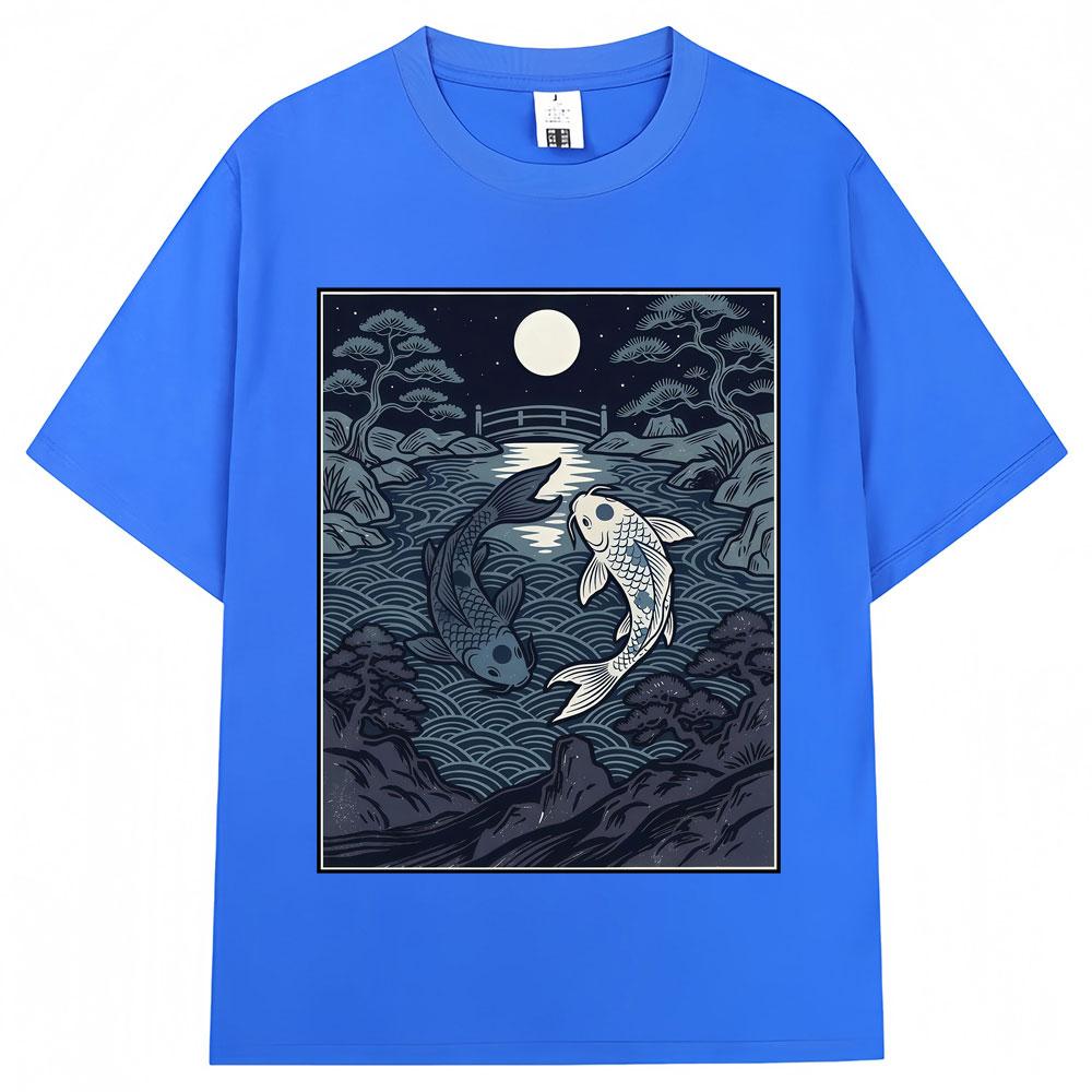 Japanese Style Yin Tang Koi Fish Moonrise Graphic T Shirt   Fashion Vintage T-shirts Oversized Cotton Casual Y2k T-shirt