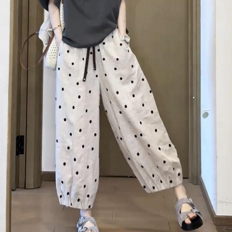 Plus Size Women's Summer Thin Loose Lantern Pants - High-Waist Slimming Polka Dot Casual Trousers with Cuffed Anti-Wrinkle Design