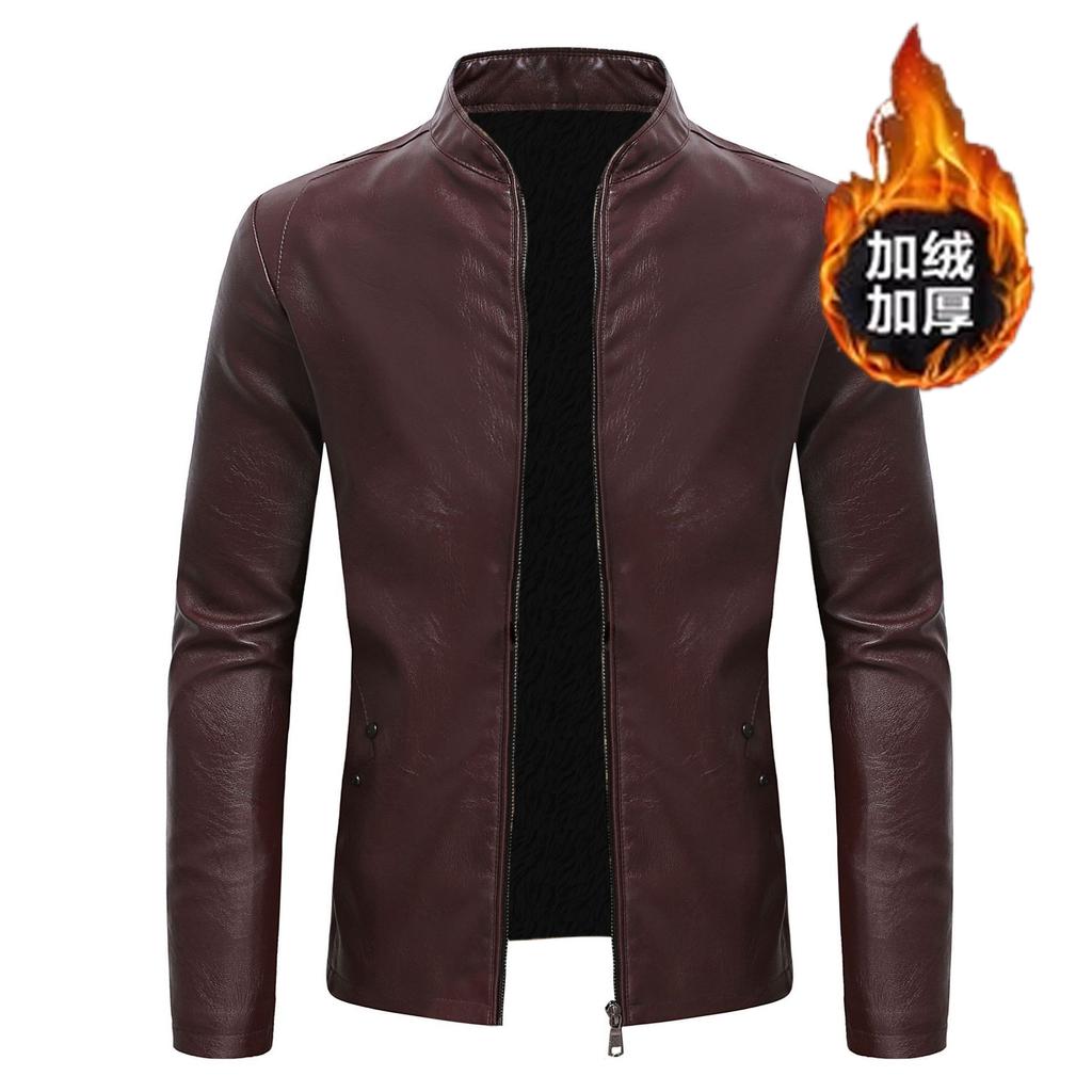 Autumn and winter youth fashion trend casual slim personality men's stand-up collar velvet thickened leather jacket