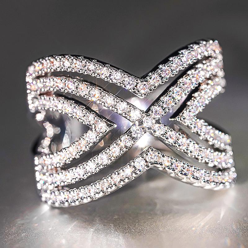 Gorgeous Cross Ring Female Brilliant Cubic Zirconia Silver Color Finger Jewelry Luxury Wide Accessories for Daily Party